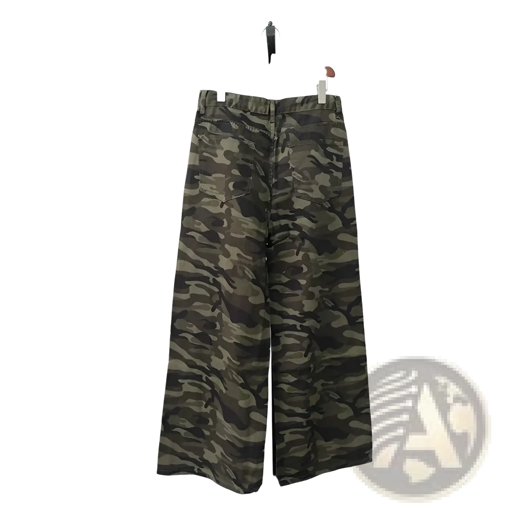 Iefb camouflage wide leg denim jeans in muted green and brown military print displayed on a wooden hanger