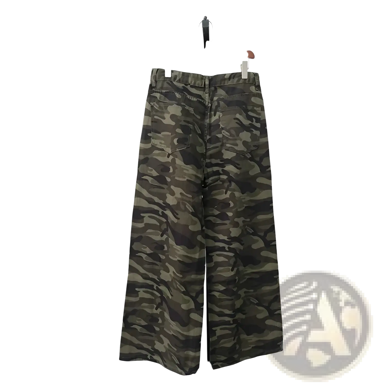 Iefb camouflage wide leg denim jeans in muted green and brown military print displayed on a wooden hanger