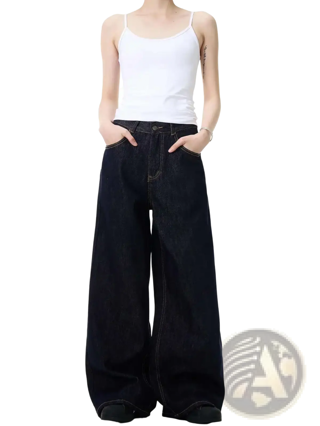 Iefb men black vintage wide leg jeans in dark indigo denim with a relaxed fit and visible stitching
