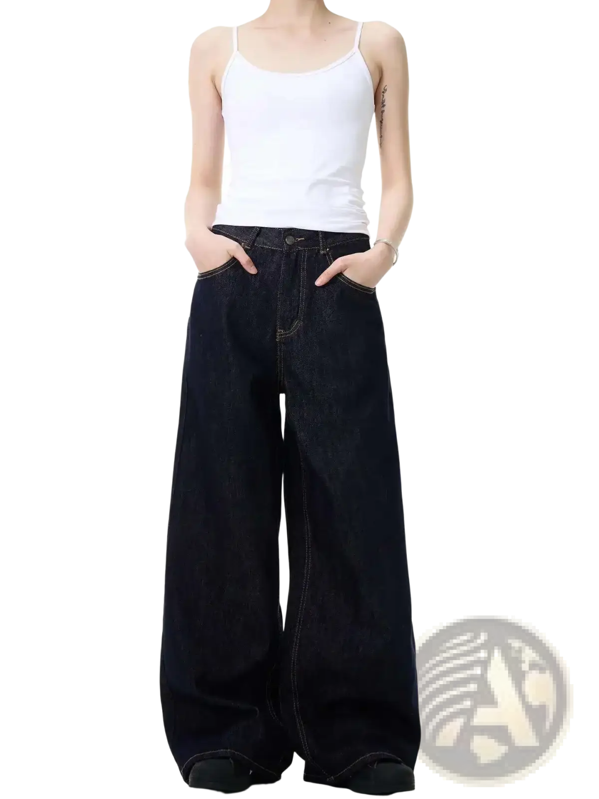 Iefb men black vintage wide leg jeans in dark indigo denim with a relaxed fit and visible stitching
