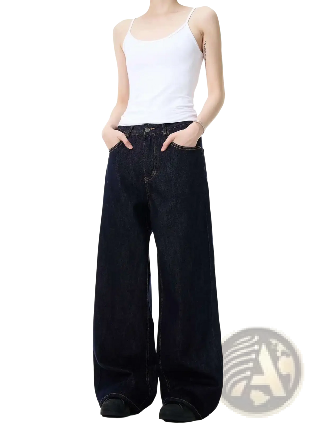 Iefb men black vintage wide leg jeans in dark indigo denim with a relaxed high rise fit and wide leg cut