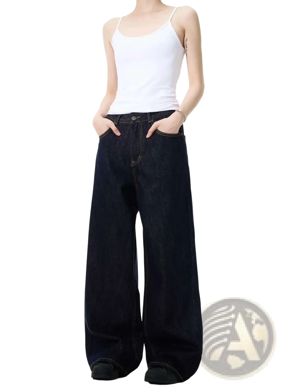 Iefb men black vintage wide leg jeans in dark indigo denim with a relaxed high rise fit and wide leg cut