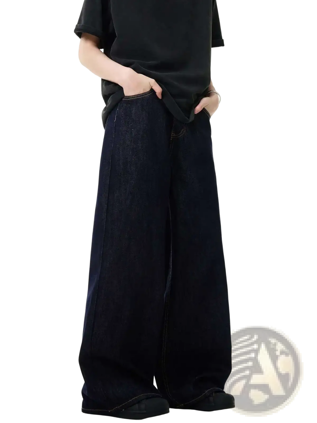 Iefb men black vintage wide leg jeans in dark indigo denim with relaxed straight cut silhouette