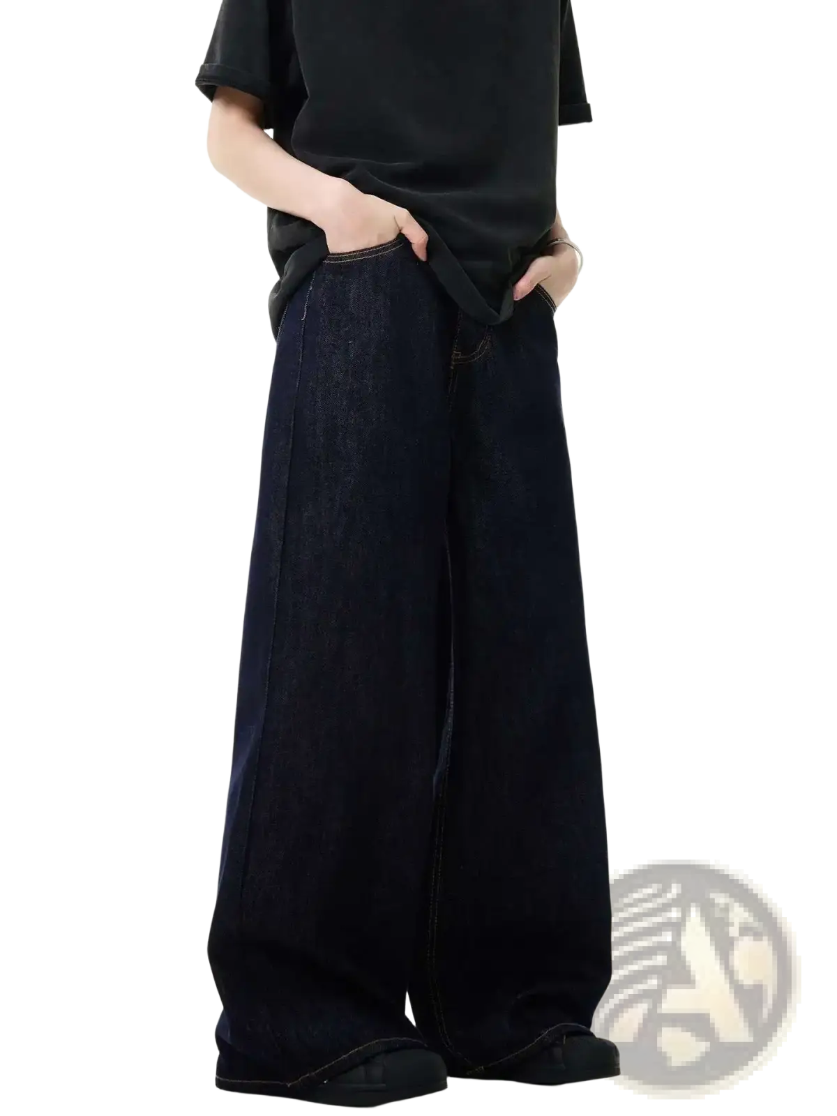 Iefb men black vintage wide leg jeans in dark indigo denim with relaxed straight cut silhouette