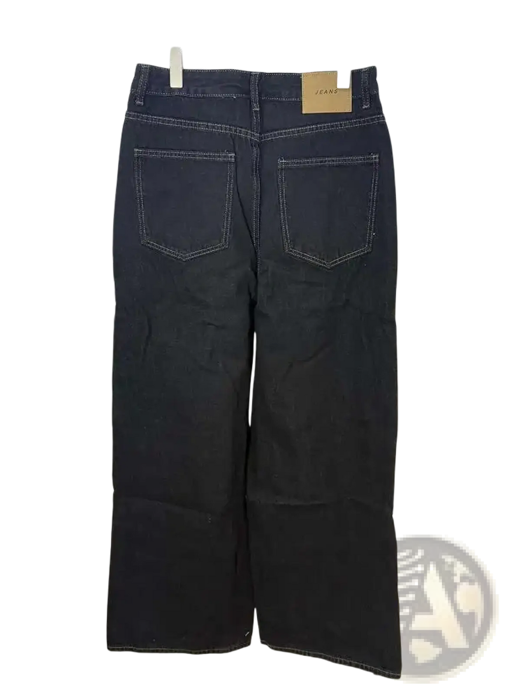 Back side of iefb men black vintage wide leg jeans in dark wash denim with wide leg cut and contrasting light stitching