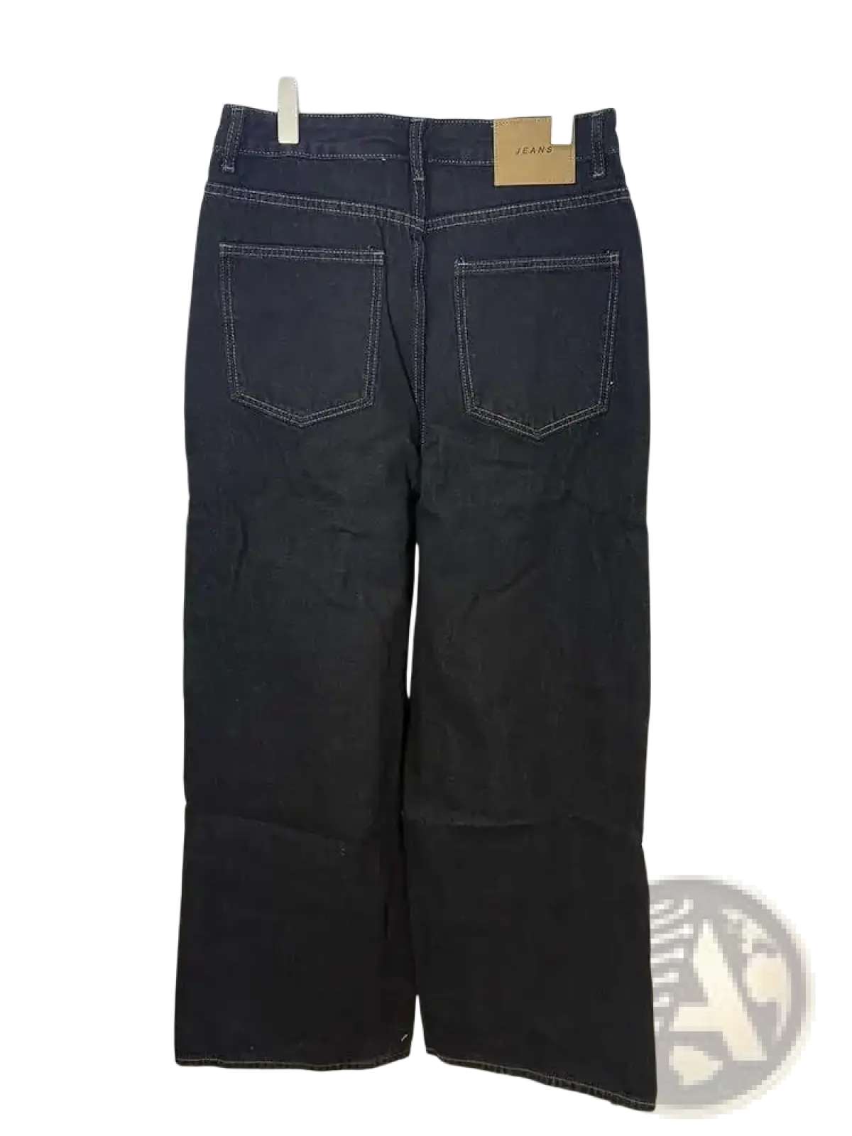 Back side of iefb men black vintage wide leg jeans in dark wash denim with wide leg cut and contrasting light stitching