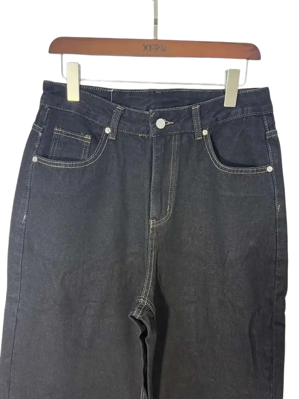 Iefb men black vintage wide leg jeans dark-wash denim with white stitching and silver buttons on wooden hanger