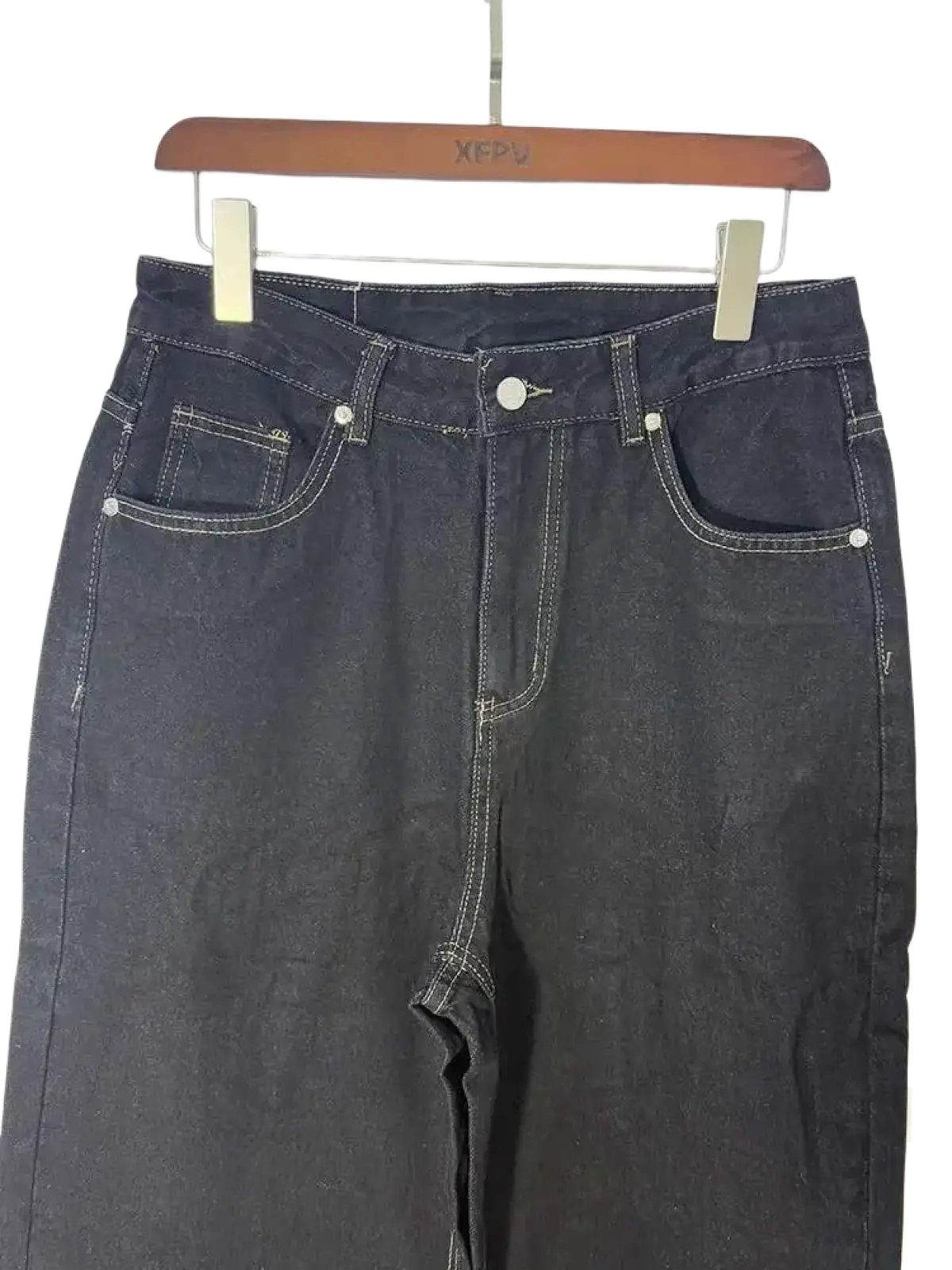 Iefb men black vintage wide leg jeans dark-wash denim with white stitching and silver buttons on wooden hanger