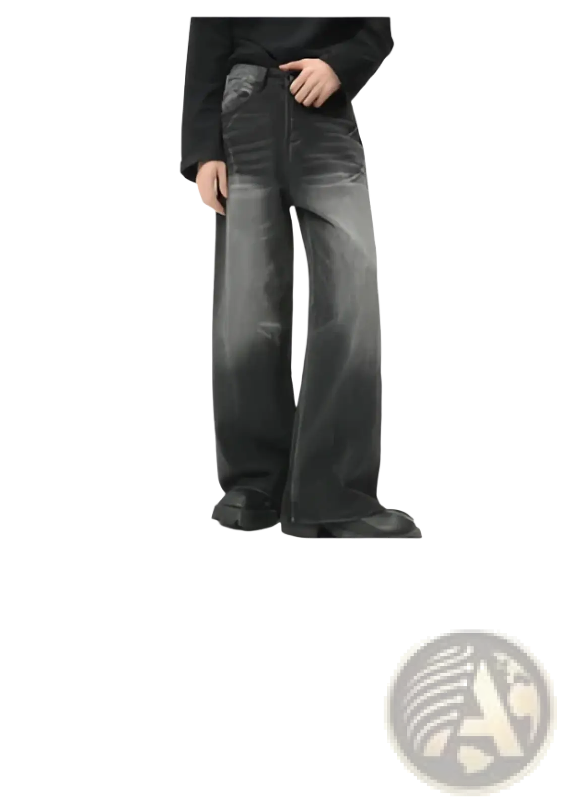 Iefb men black vintage wide leg jeans in denim with a faded distressed look and subtle whiskering details
