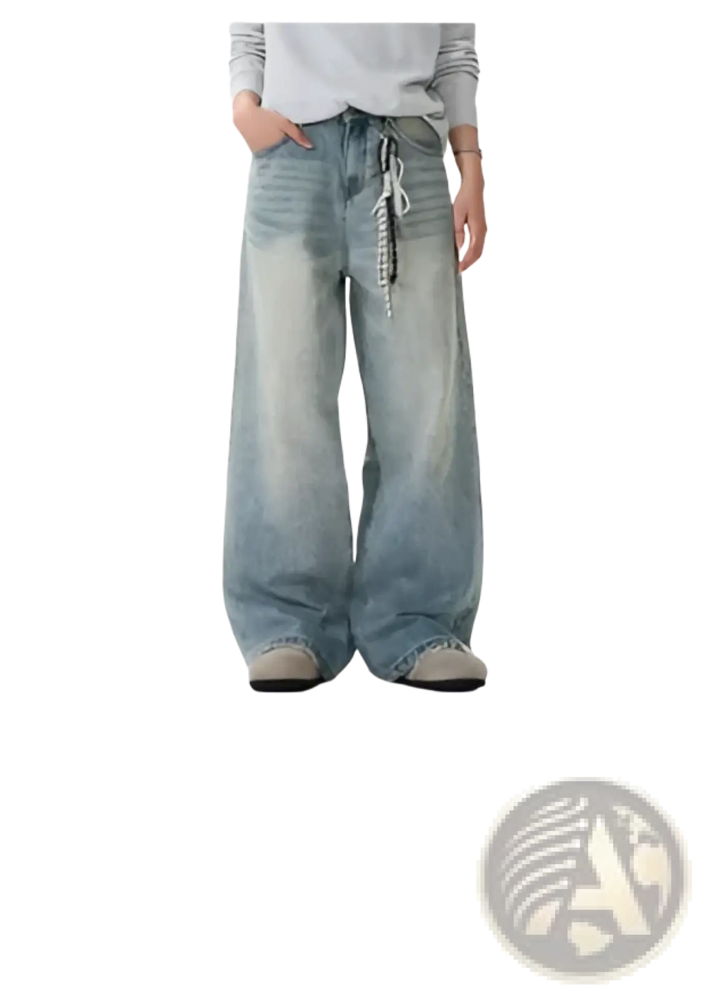 Iefb men black vintage wide leg jeans in faded blue denim with a drawstring waistband and wide leg design