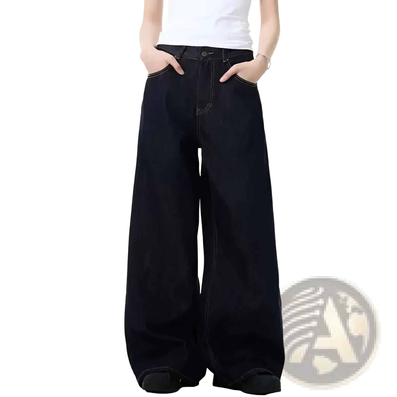 Iefb men black vintage wide leg jeans in dark indigo denim with relaxed straight cut and contrasting light stitching