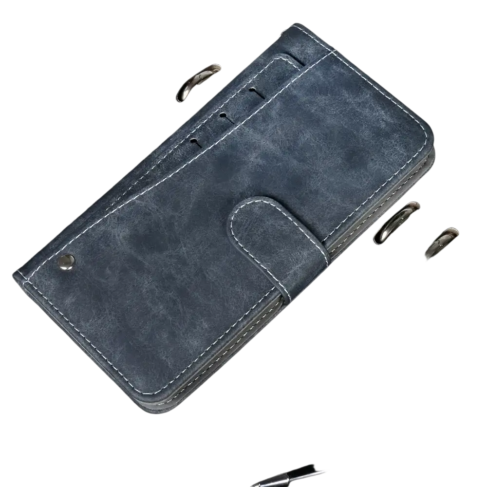Blue faux leather iiif150 air1 ultra x leather wallet case with white stitching and silver snap button closure