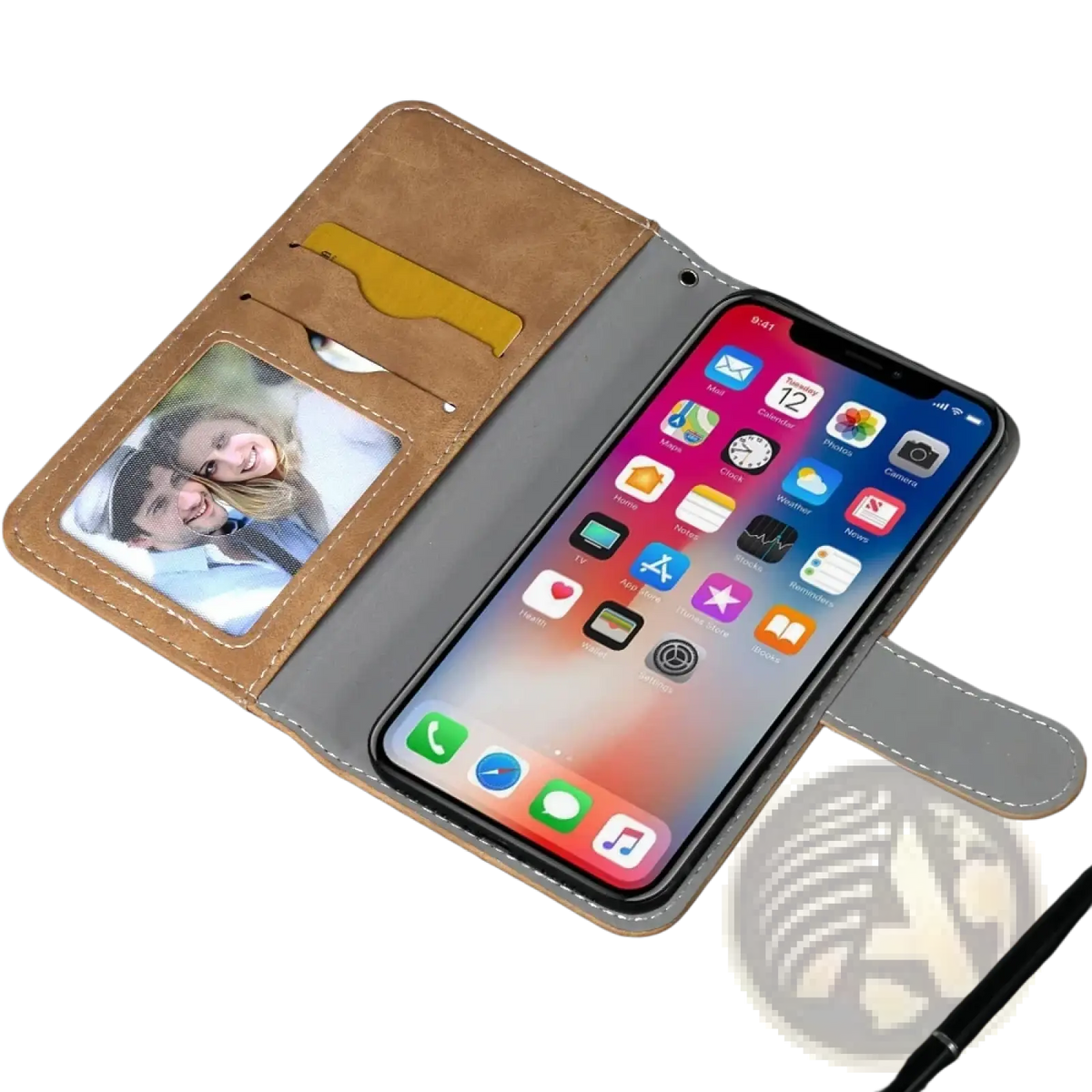 Iiif150 Air1 Ultra x leather wallet case in brown with gray interior featuring photo ID slot and card compartments