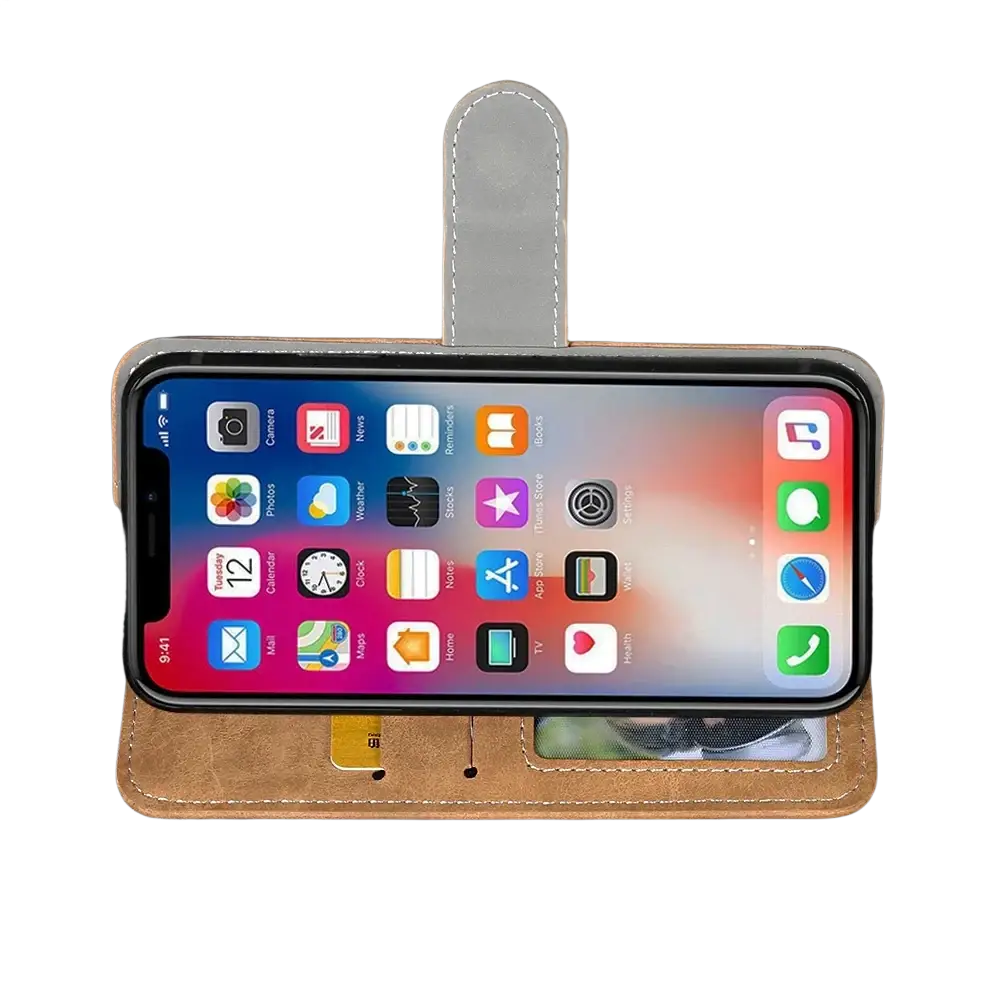 Brown leather wallet-style phone case with gray stitched flap and card slots for Iiif150 Air1 Ultra x model