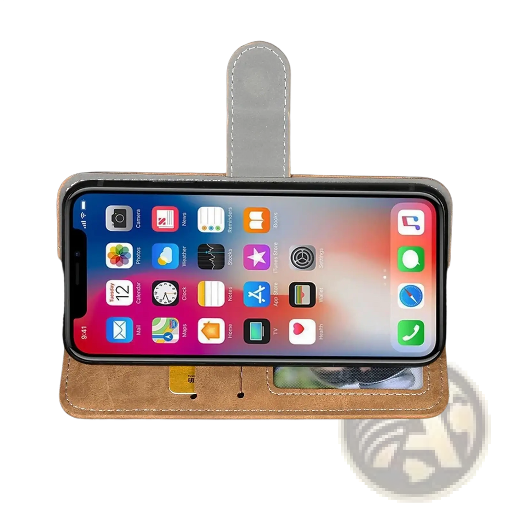 Brown leather wallet-style phone case with gray stitched flap and card slots for Iiif150 Air1 Ultra x model