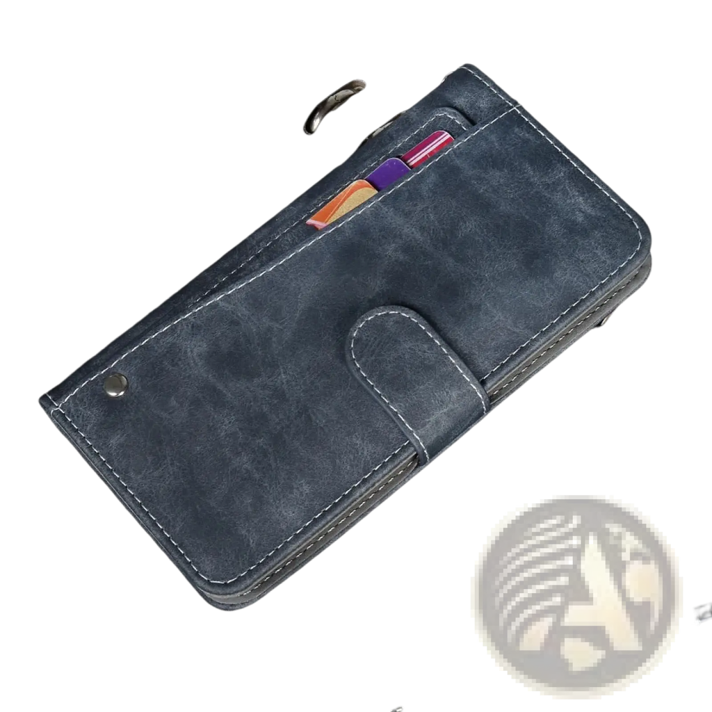 Dark blue faux leather iiif150 air1 ultra x wallet case with white stitching and flap closure