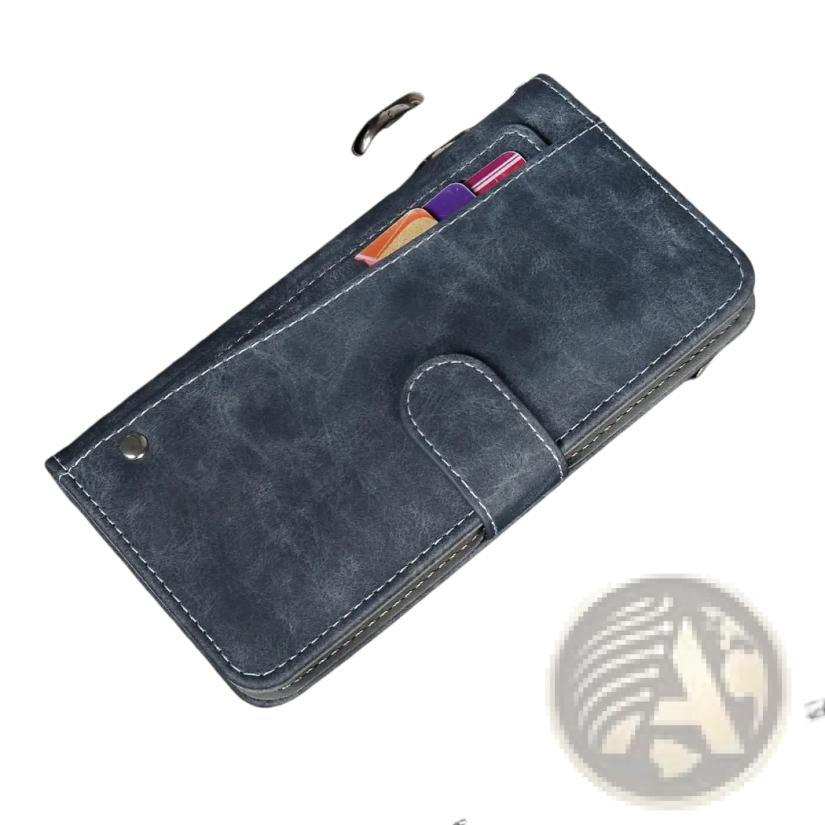 Dark blue faux leather iiif150 air1 ultra x wallet case with white stitching and flap closure