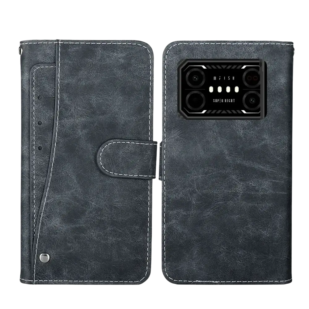 Dark gray textured leather wallet case with white stitching and flap closure for iiif150 air1 ultra x phone