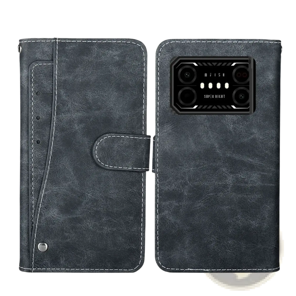 Dark gray textured leather wallet case with white stitching and flap closure for iiif150 air1 ultra x phone