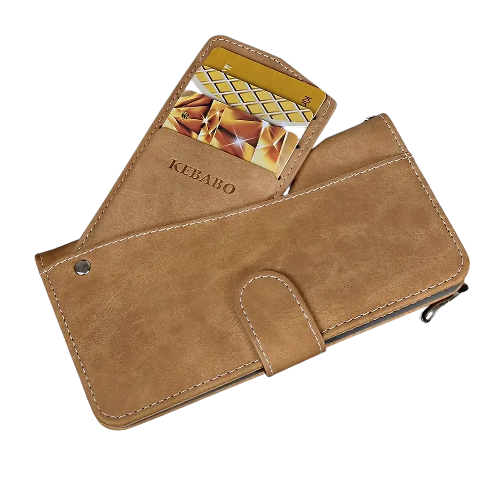 Tan faux leather Iiif150 Air1 Ultra x kebabo wallet case with stitched edges and snap closure shown from the back side