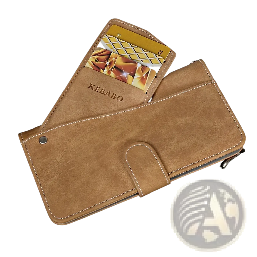 Tan faux leather Iiif150 Air1 Ultra x kebabo wallet case with stitched edges and snap closure shown from the back side