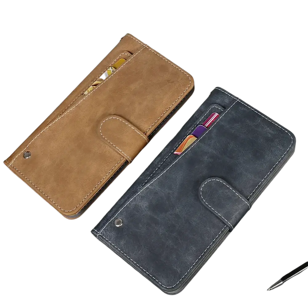 Two Iiif150 Air1 Ultra x leather wallet cases in tan and dark blue textured faux leather with visible stitching