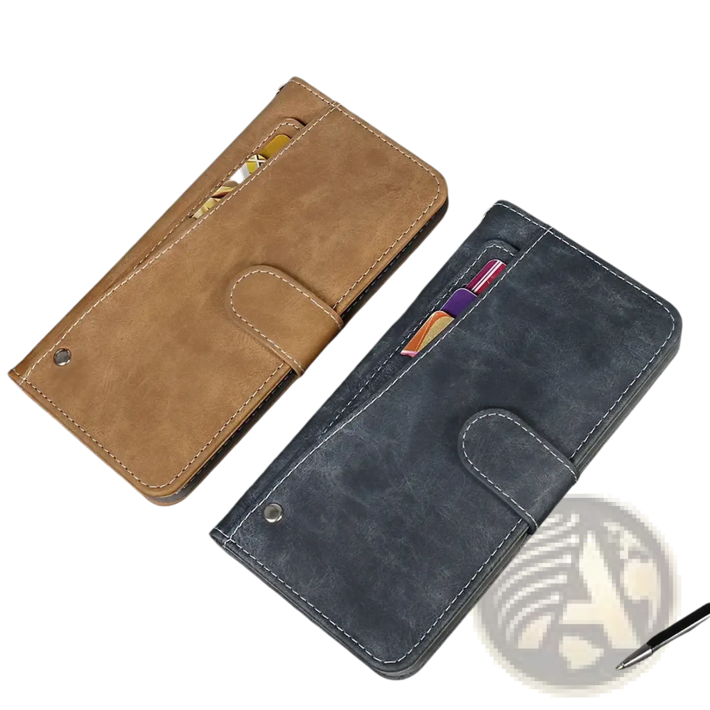 Two Iiif150 Air1 Ultra x leather wallet cases in tan and dark blue textured faux leather with visible stitching