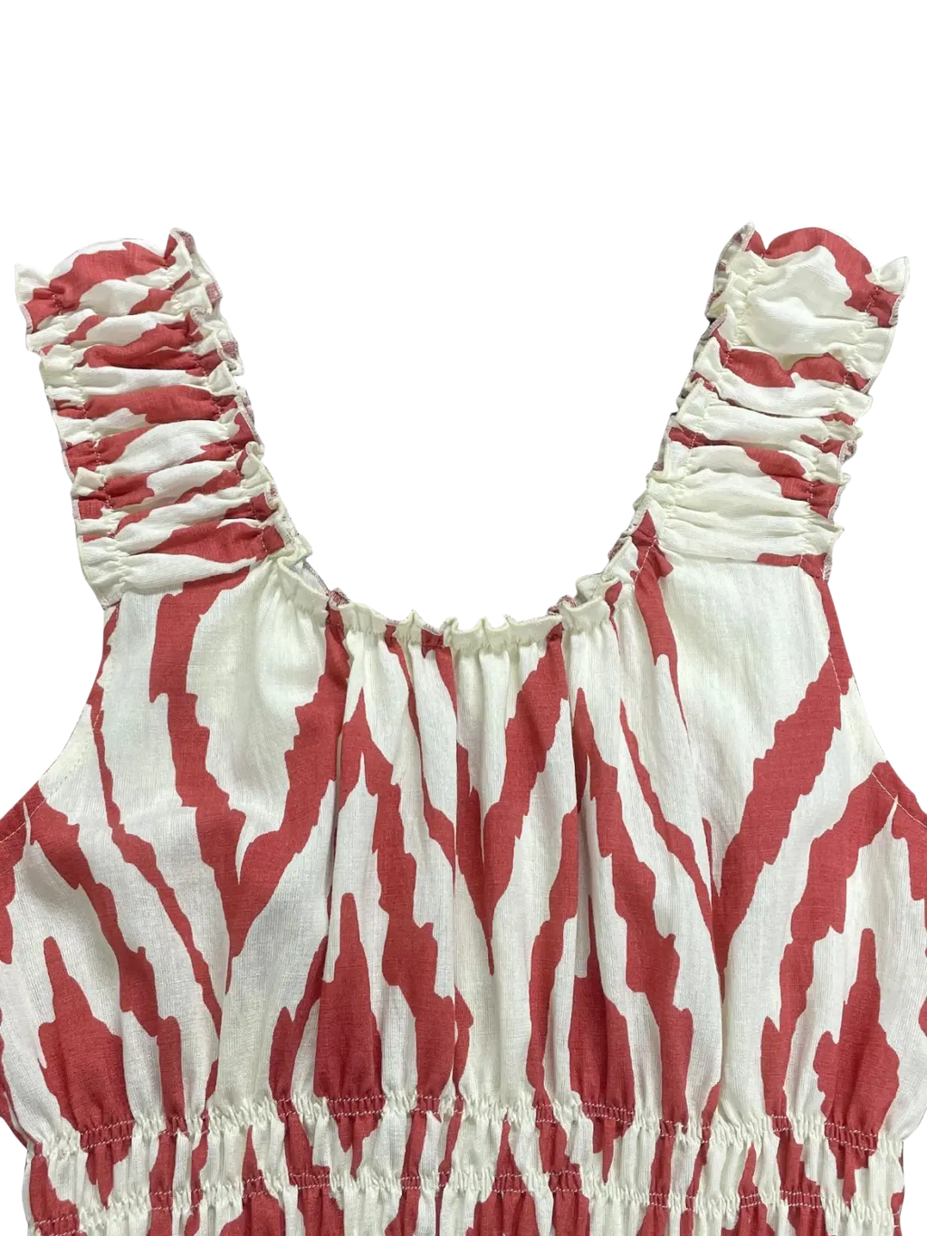 A red and white abstract sleeveless ikat print smocked midi dress with ruched shoulder straps