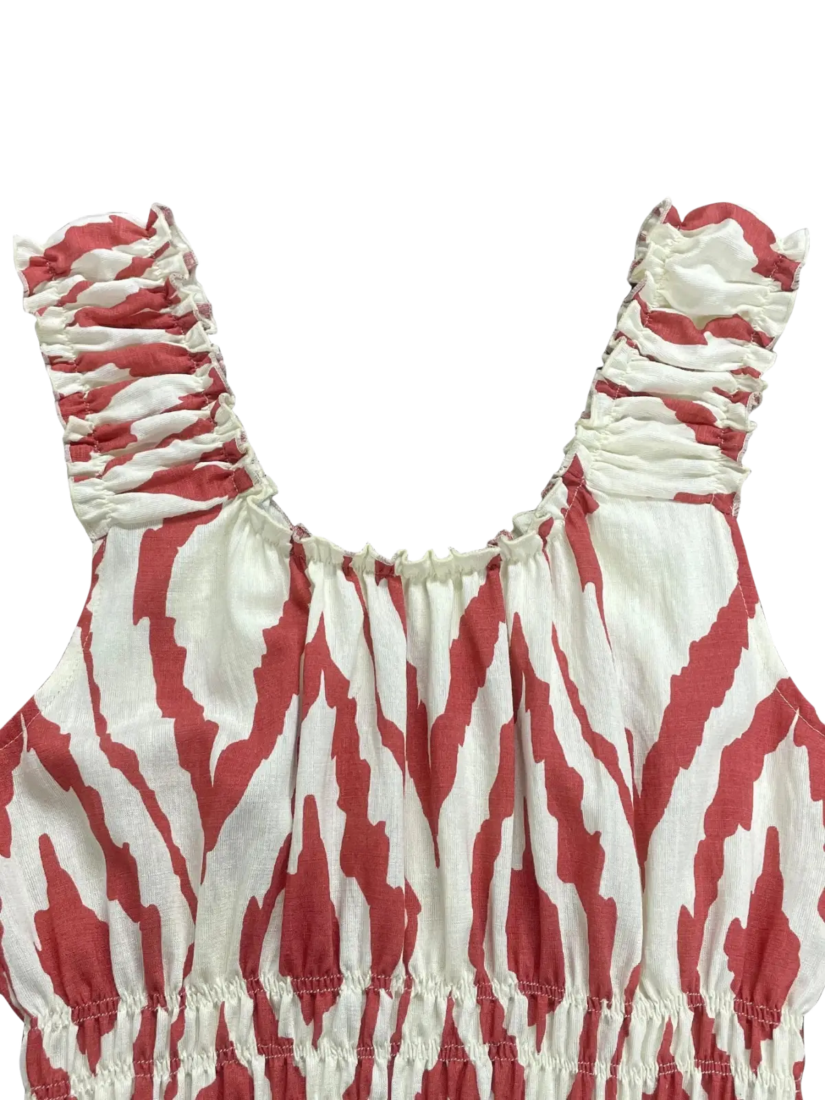 A red and white abstract sleeveless ikat print smocked midi dress with ruched shoulder straps
