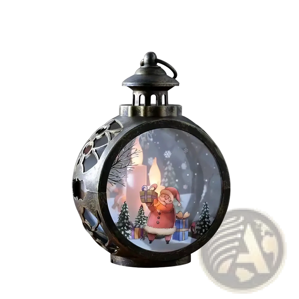 Antique bronze illuminated christmas lantern with intricate cut-out patterns featuring santa with gifts against snowy trees
