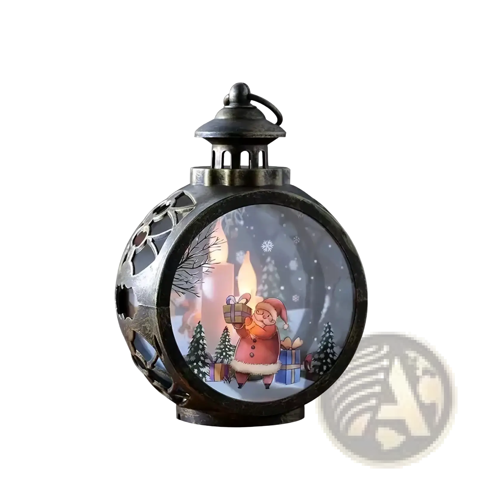 Antique bronze illuminated christmas lantern with intricate cut-out patterns featuring santa with gifts against snowy trees