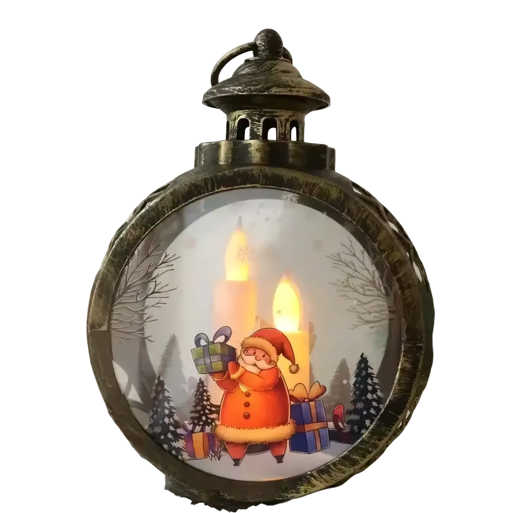 Antique bronze-finished illuminated christmas lantern with santa claus and glowing candles for festive desktop decor
