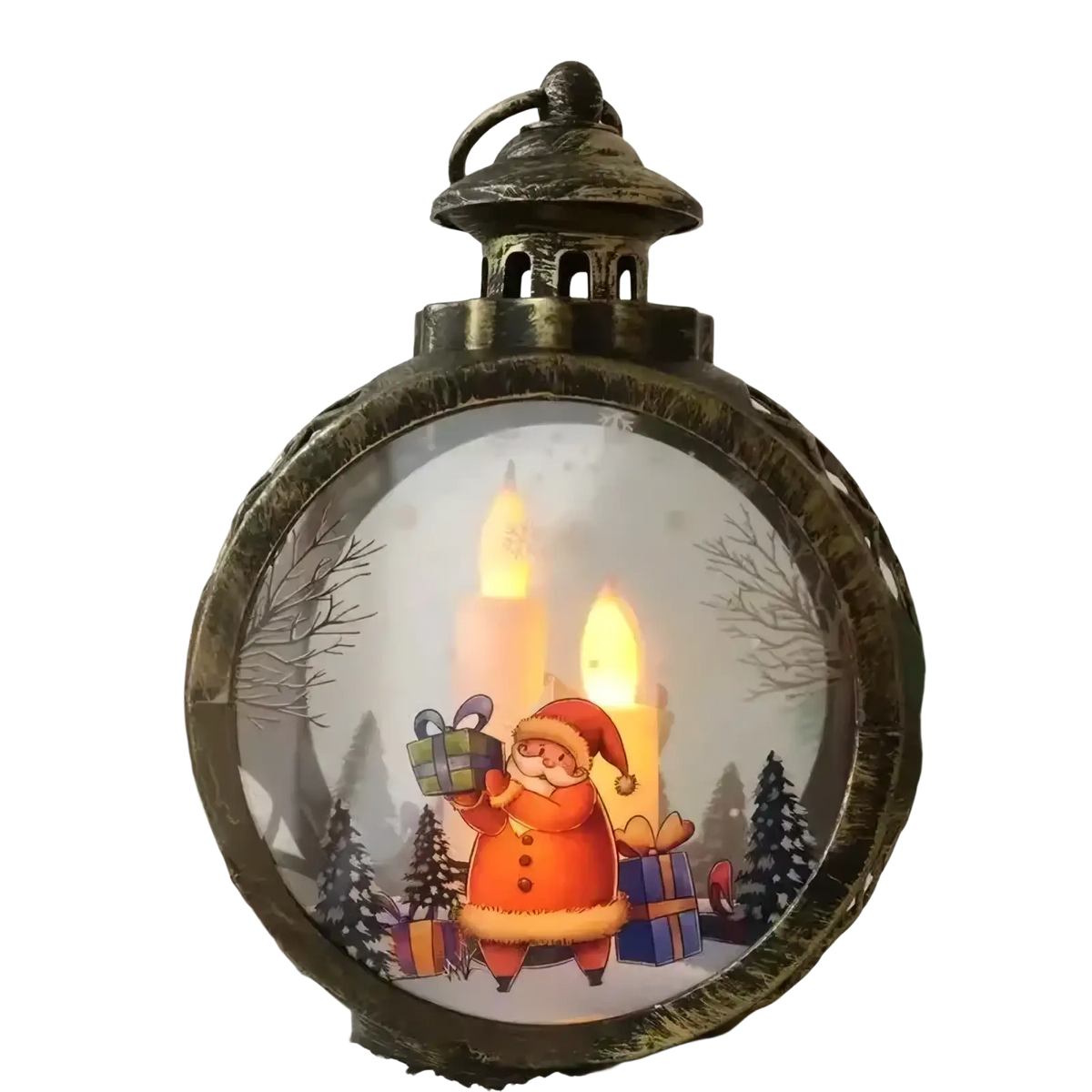 Antique bronze-finished illuminated christmas lantern with santa claus and glowing candles for festive desktop decor
