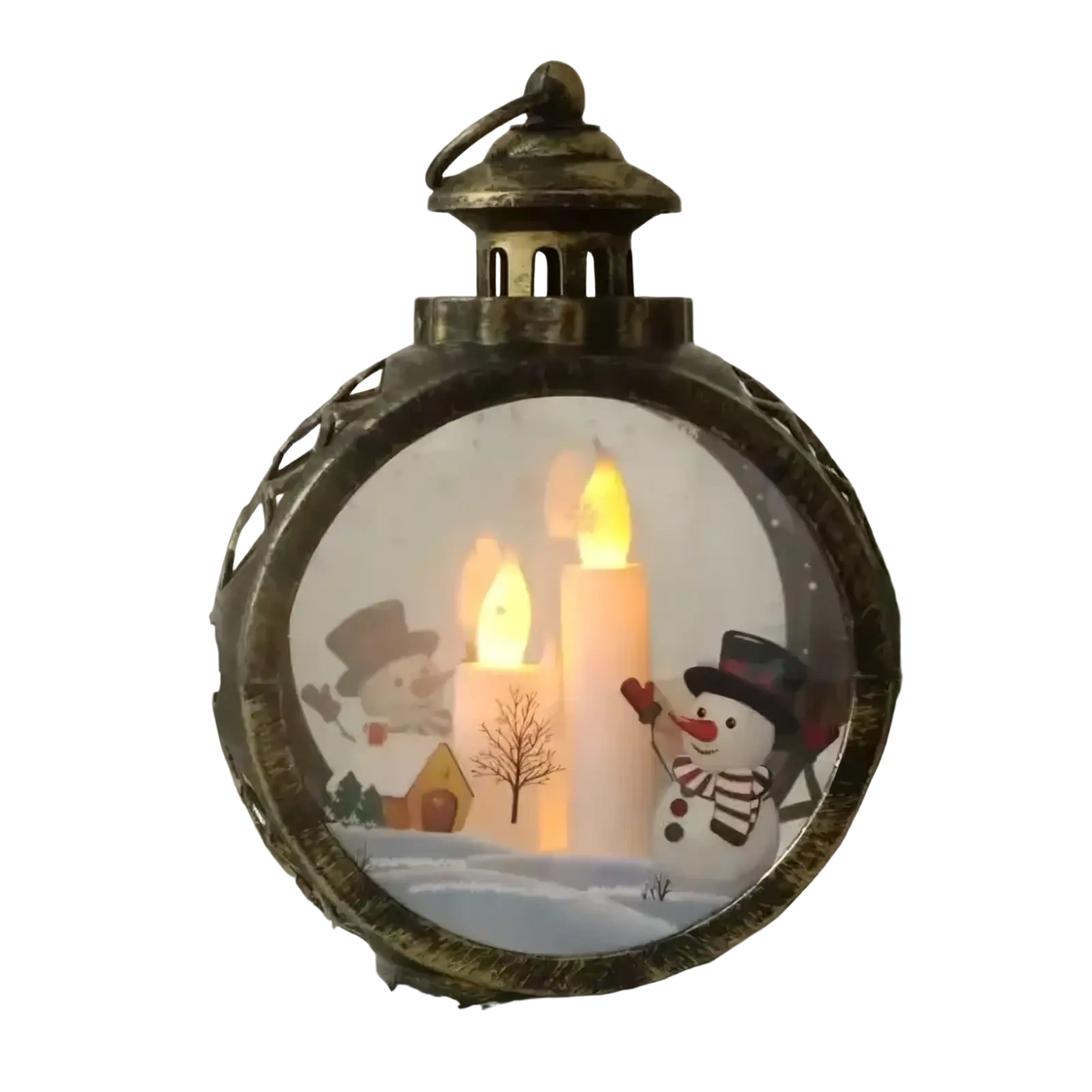 Antique bronze illuminated Christmas lantern with glowing candles and snowmen festive winter desktop decoration