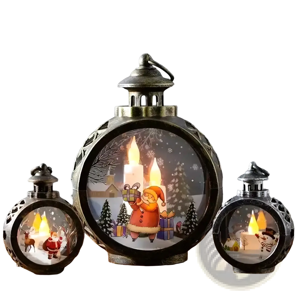 Antique bronze-finished illuminated christmas lantern with circular glass window showing santa claus holding gifts