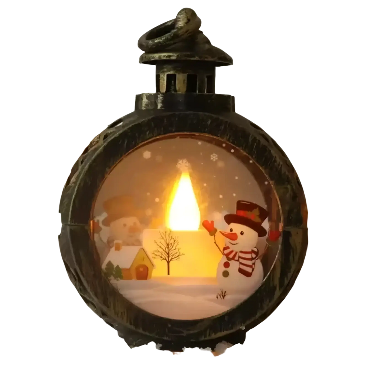 Black metal illuminated Christmas lantern with led candle featuring a festive winter scene and snowmen decoration