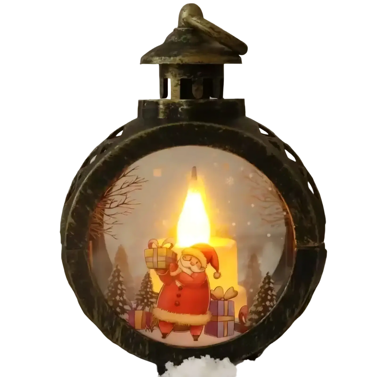 A festive black metal illuminated christmas lantern featuring a vintage santa claus scene inside clear glass globe