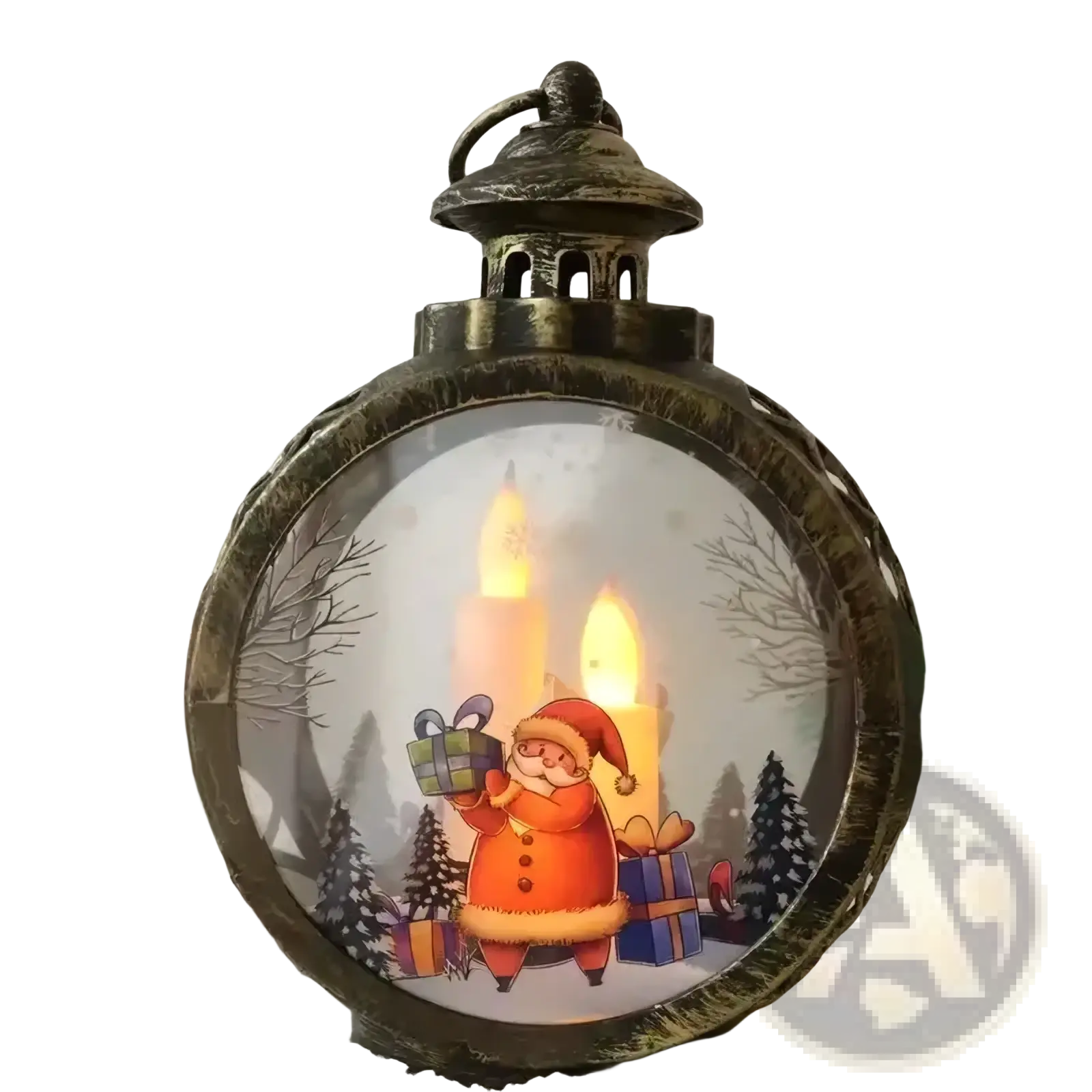 Antique bronze-finished illuminated christmas lantern with santa claus and glowing candles for festive desktop decor