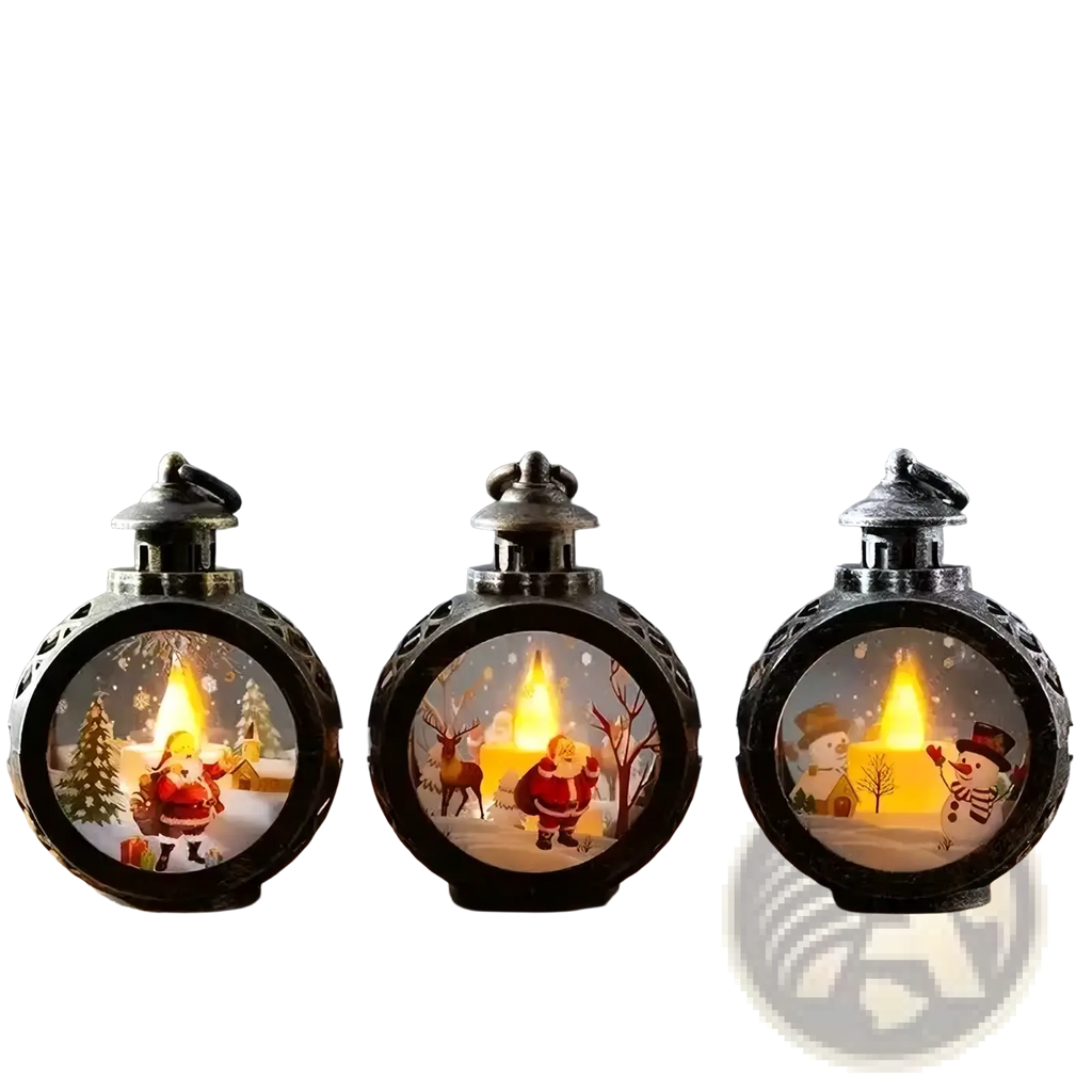 Illuminated black metal christmas lanterns featuring festive holiday scenes for desktop decoration use