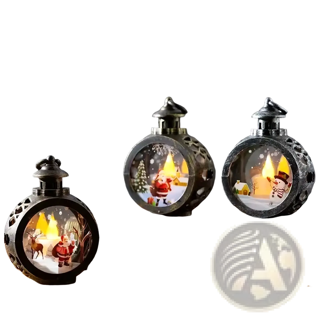 Three black metal illuminated christmas lanterns with festive holiday scenes and warm yellow light decoration