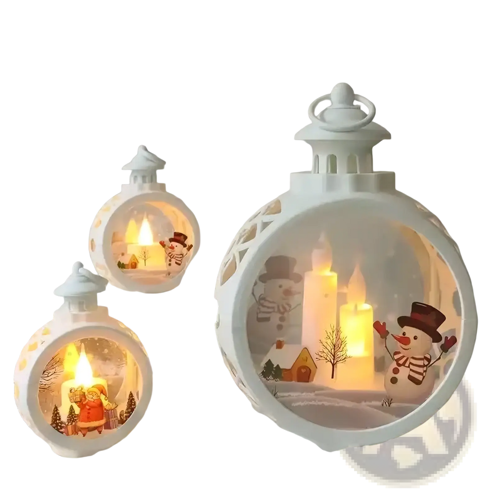 Illuminated white decorative lantern with festive snowman candle scenes and cut-out patterns for Christmas decor