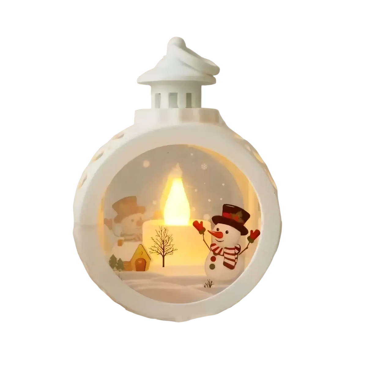 White ceramic illuminated Christmas lantern with festive snowman and snowy village scene featuring warm LED light