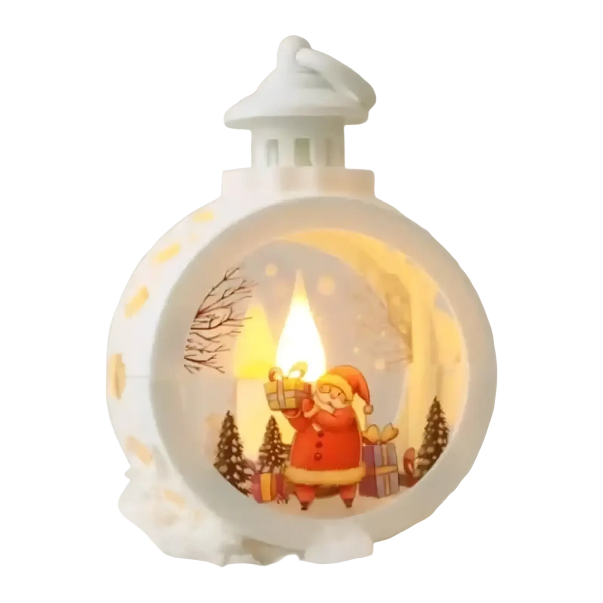 White lantern-shaped Christmas ornament with glowing interior scene of Santa holding gifts and snow-covered trees