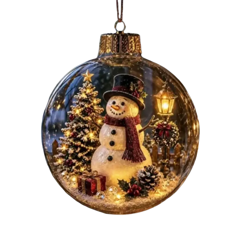 Illuminated glass christmas ornament ball with glowing detailed snowman in black top hat and red scarf surrounded by lights