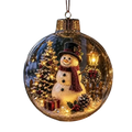 Illuminated glass christmas ornament ball with glowing detailed snowman in black top hat and red scarf surrounded by lights