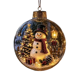 Illuminated glass christmas ornament ball with glowing detailed snowman in black top hat and red scarf surrounded by lights