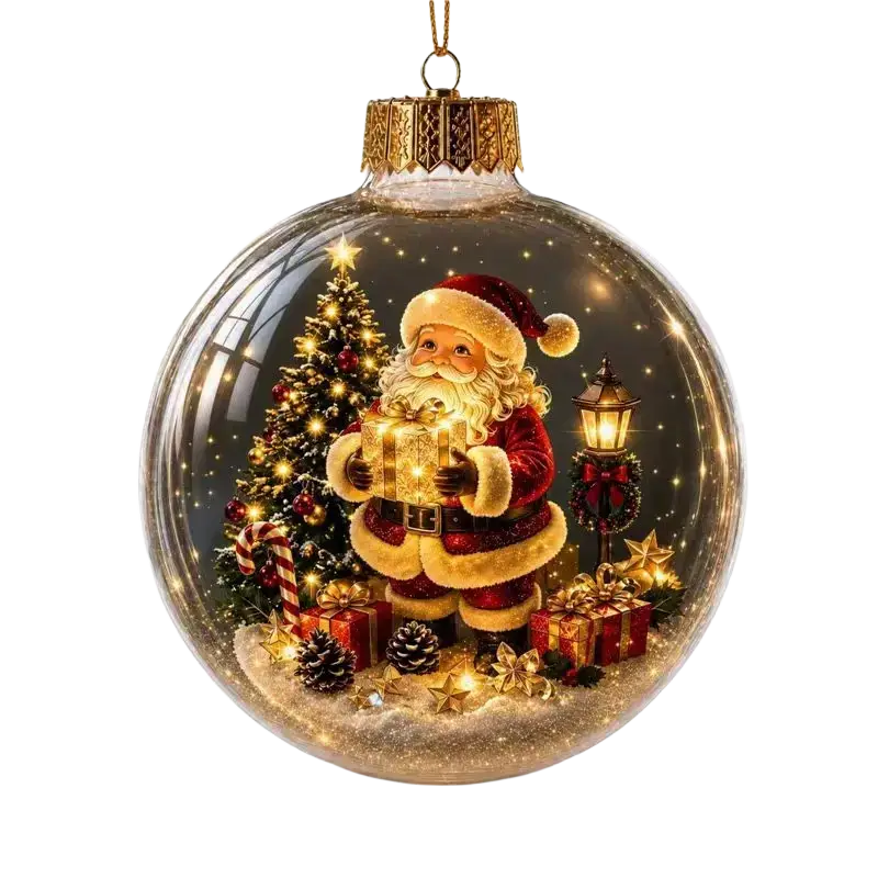 Illuminated glass christmas ornament ball featuring santa claus in red and white suit with festive gift and decorations