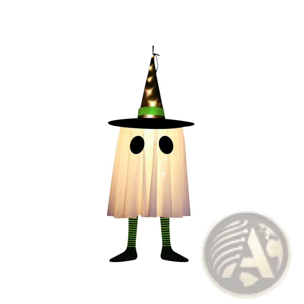 Illuminated hanging ghost Halloween outdoor decoration glowing white lamp with black eyes and a star-adorned witch hat