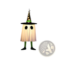 Illuminated hanging ghost Halloween outdoor decoration glowing white lamp with black eyes and a star-adorned witch hat