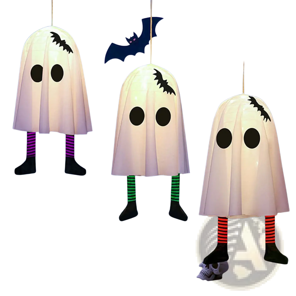 Three glowing white paper ghost lanterns with black bat and eye decals and striped legs for outdoor halloween decoration